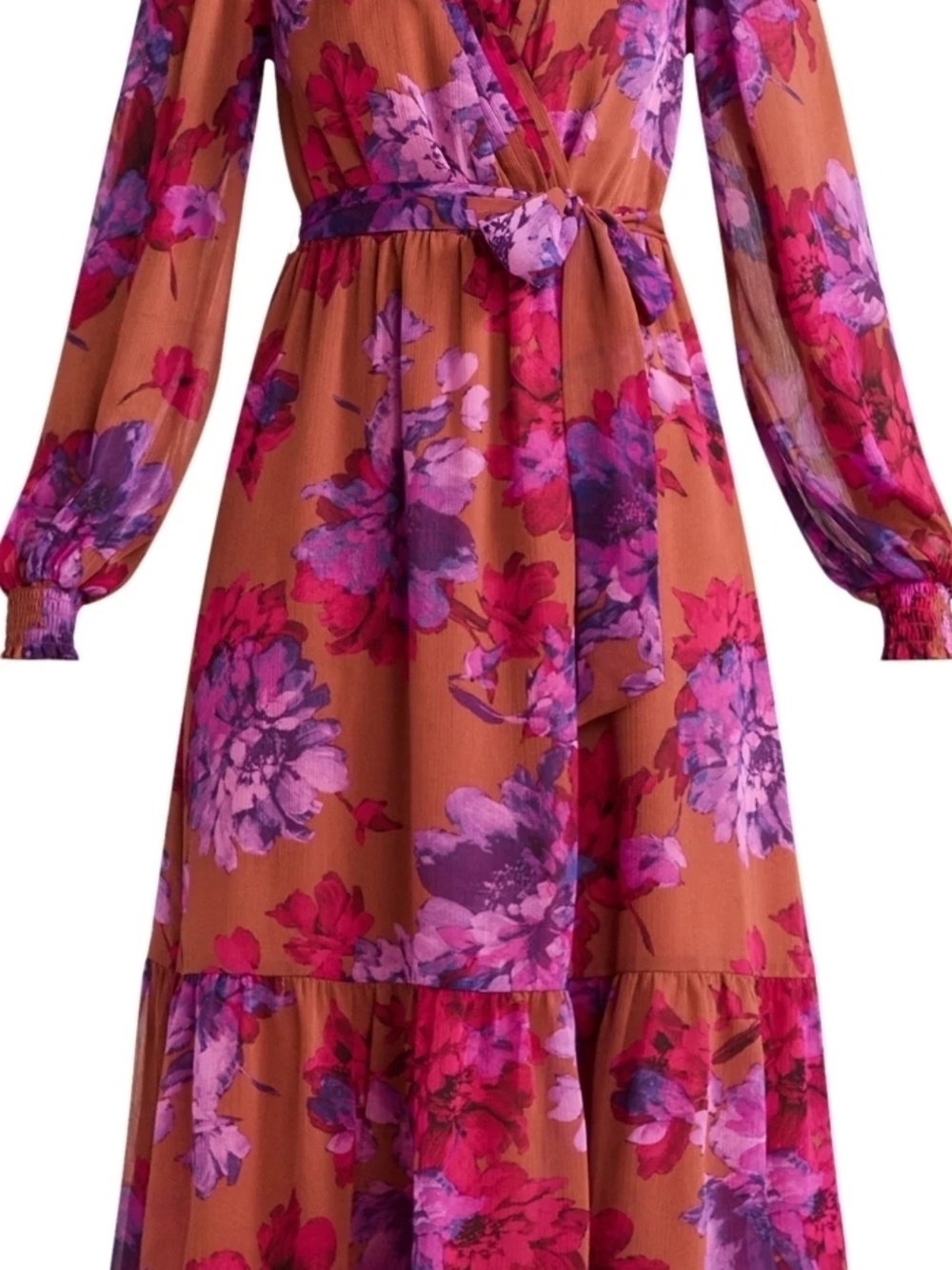 Floral Wrap Maxi Dress in Rust and Fuchsia By Sofia Vergara